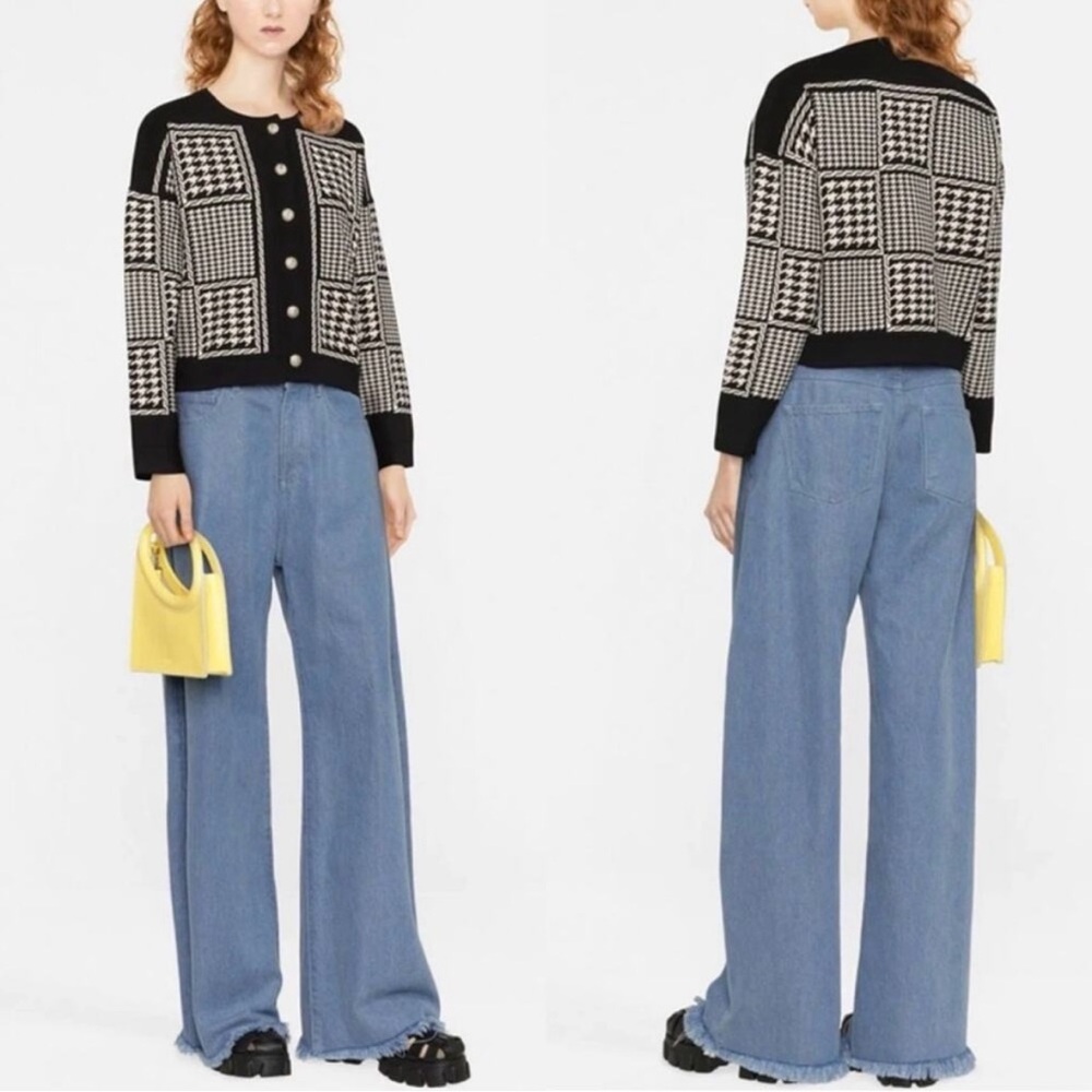 Sandro Jules Houndstooth Cropped Cardigan Black & Cream Size Large - Picture 2 of 13